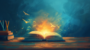 Illustration d'un livre ouvert lumineux symbolisant l'apprentissage et la formation au CISP L'Envol à Andenne.